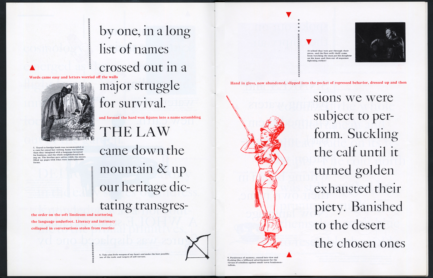 History of the/my World, (1990) page detail: Red, pin-up style illustration of a drum majorette surrounded by black and red text: ...beginning was the world, nursed on the warm breast of chaos fast following a night of hard publicity...Genetics produced the fullness thereof and a new...initial explosion, making light into a face swaddled in warmth and...